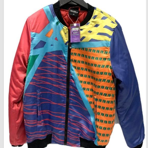 Mens Four Bomber Jacket Size Med Flashy Color-Block Design Broad welt pockets - Picture 1 of 7